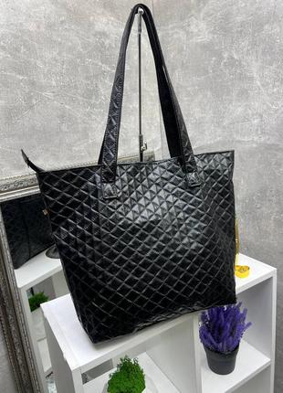 Женская стильная и качественная сумка шоппер из эко кожи черная6 фото
