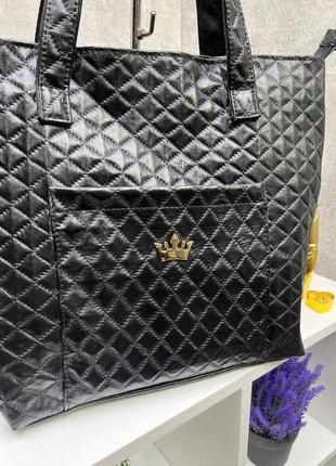Женская стильная и качественная сумка шоппер из эко кожи черная8 фото
