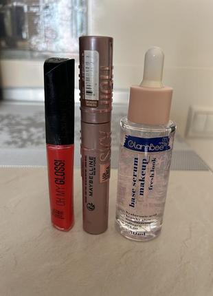 Туш maybelline коричнева + блиск + база під макіяж