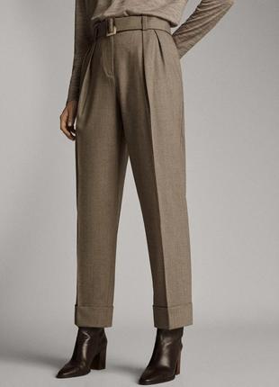 Massimo dutti вовняні штани брюки вкорочені зі стрілкою бежеві коричневі з поясом ременем