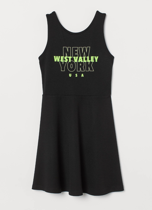 Черное платье девочке в спортивном стиле без рукавов h&m принт new york светится в темноте вискоза