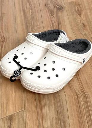 Крокс класік білі з хутром сірим boot crocs classic lined clog - white/grey