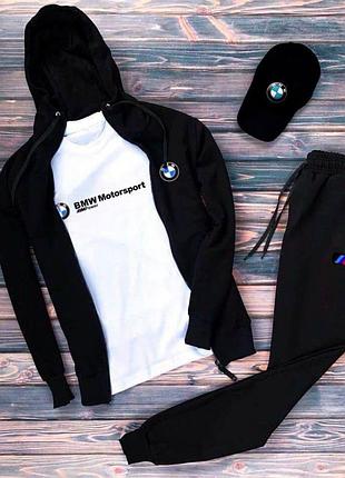 Худи зипер + футболка + спортивные штаны + кепка, спортивный костюм высокого качества весна с принтом бмв bmw черный
