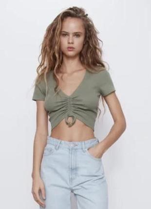 Стильный хлопковый топ в рубчик, укороченная футболка с утяжкой zara оригинал.