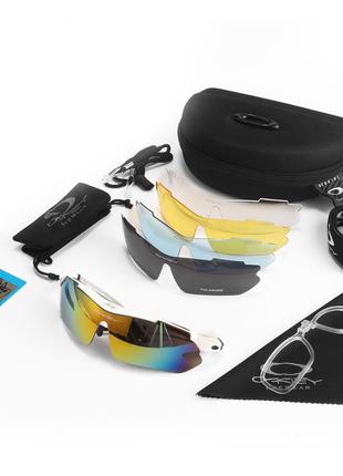 Захисні окуляри тактичні з поляризацією білі 5 лінз oakley one sizе
