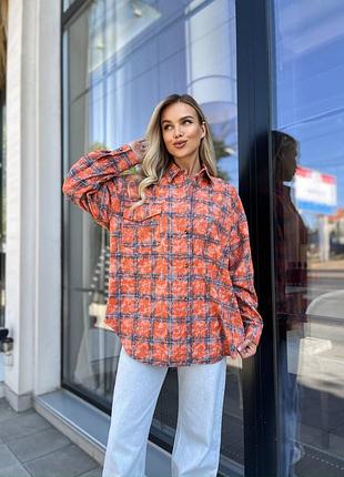 Сорочка (рубашка) жіноча варьонка котон в клітинку 42-48 бордова, помаранчева, сіро-рожева8 фото