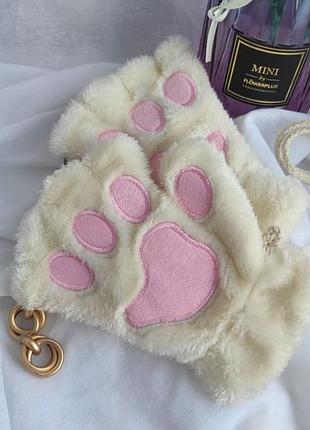 Митенки кошачьи лапки милые теплые плюшевые мягкие перчатки без пальцев лапы кошки...