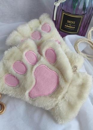 Митенки кошачьи лапки милые теплые плюшевые мягкие перчатки без пальцев лапы кошки...
