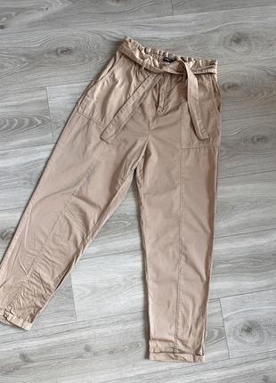 Летние брюки коттоновые бежевые с поясом и с резинкой2 фото