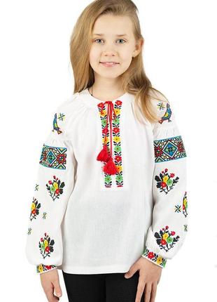 Вишиванка для дівчаток, біла квіти 110-164 см