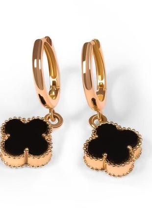 Сережки клевер з червоного золота з оніксом
