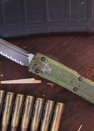 Нож microtech proof run outbreak ultratech t/e 3.46" automatic otf / deep engraved pandemic green aluminum