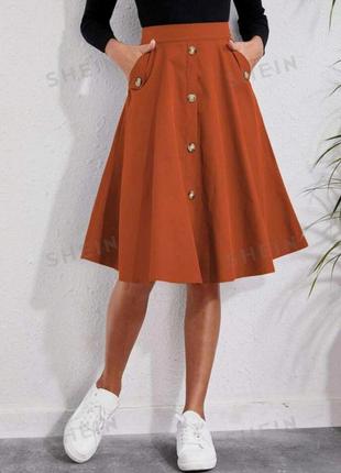 Стильная пышная юбка с карманами имеет декор пуговицы полусолнце юбочка терракотовая меди легкая2 фото