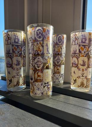 Сувенирные стеклянные рюмки с рисунками из голландской плитки. 4 штуки2 фото