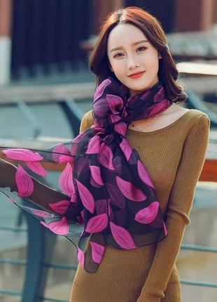 Женский шарф с малиновыми листьями - размер 180*68см, полиэстер2 фото