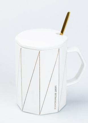 Чашка, керамічна чашка 400 мл із кришкою і ложкою біла, елегантний дизайн