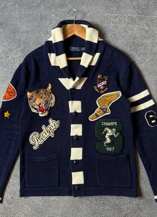 Шикарний кардиган кофта светр polo ralph lauren оригінал поло ральф polo bear люксовий в’язаний синій з нашивками патчами
