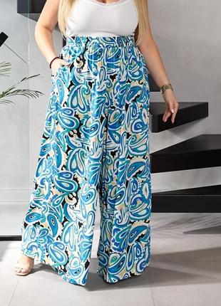 Штани — спідниця жіночі штанельні з натуральної тканини, літні, широкі, оверсайз,  батал, блакитні1 фото