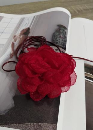 Чокер цветок красный бордовая тканая роза на шнурке колье пояс повязка4 фото