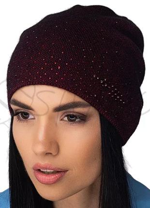 Шапка женская кашемировая со стразами утепленная флисом сцепленная сзади leks верба черный+бордовый