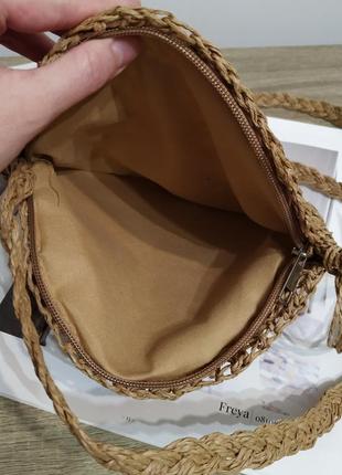 Кругла сумка плетена як солом'яна бохо сцмочка літня пляжна в'язана бежева10 фото