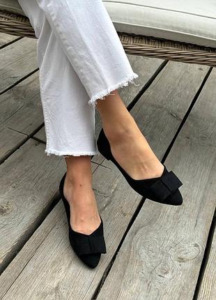 Балетки туфлі чорні з бантом низький хід замш