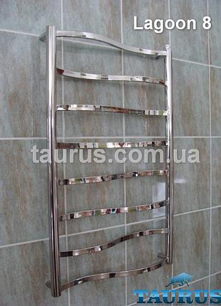 Красивый зауженный полотенцесушитель из н/ж стали lagoon 8/850х450 с фигурной перемычкой 20х10. полировка