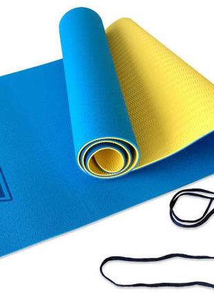 Килимок для йоги та фітнесу easyfit tpe+tc 6 мм двошаровий + чохол синій-жовтий