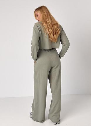 Спортивний костюм із прямими штанами та коротким світшотом — хакі колір, s (є розміри)