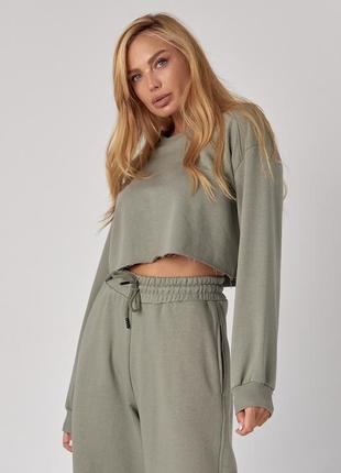 Спортивний костюм із прямими штанами та коротким світшотом — хакі колір, s (є розміри)