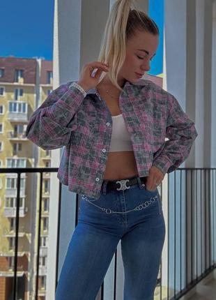 Сорочка жіноча оверсайз укорочена в клітинку на гудзиках якісна стильна трендова сіра помаранчева