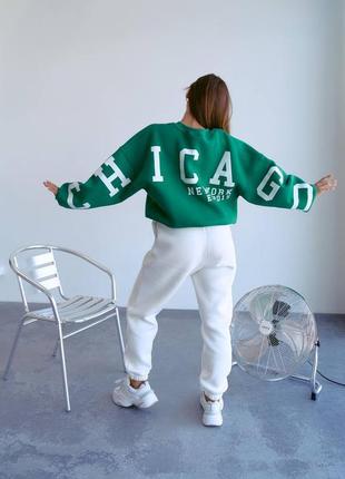 ‼️не кошлатиться‼️ теплий спортивний костюм двійка світшот в стилі oversized "chicago" + джоггери/ жіночий спортивний костюм на флісі / 339