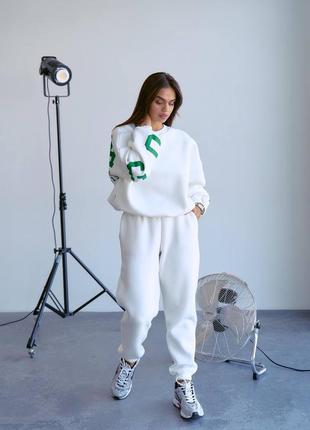 ‼️не кошлатиться‼️ теплий спортивний костюм двійка світшот в стилі oversized "chicago" + джоггери/ жіночий спортивний костюм на флісі / 339