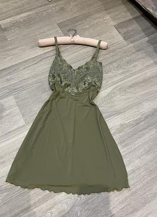 Ночнушка пеньюар ночная рубашка хаки с кружевом мини короткая