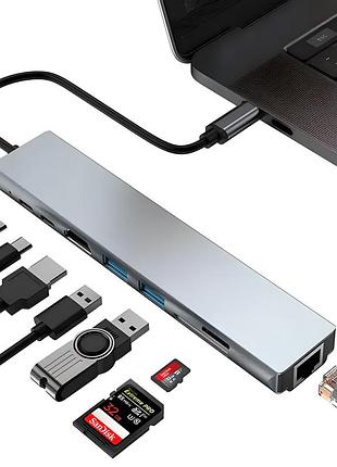 Мультифункциональный usb-хаб 8в1 расширитель с входом type-c addap mh-04/ hdmi/hdtv + pd + usb c + sd + rj45 \