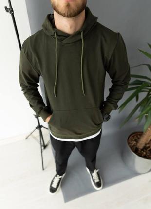 Мужской демисезонный худи хаки однотонный трикотажный, качественная толстовка хаки весенне осенняя с кап trek