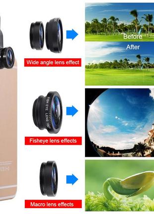Объектив линза для смартфона телефона 3в1 - macro, fisheye lens, wide-angle x47 фото