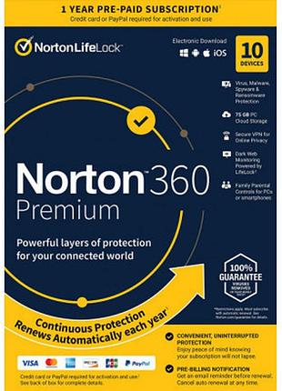 Антивирус norton by symantec norton 360 premium 75gb 1 user 10 device 12m (21409567)  гарантія!