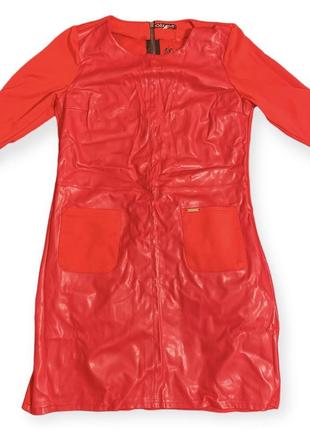 Платье женское красное из эко кожи и креп дайвинга 48 размер, платье4 фото