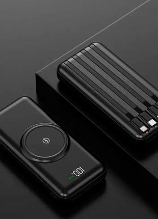 Повербанк warmsof 30000mah чорний з безпровідною зарядкою та led-дисплеєм + вбудовані проводи