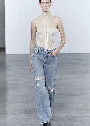 Стильные джинсы с дирками zara джинсы с потертостями джинсы с высокой посадкой широкие джинсы wide leg zara расслабленные джинсы с разрезами