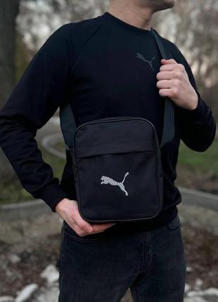 Черная мужская борсетка puma. сумка через плечо из плотной ткани.9 фото