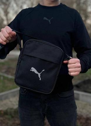 Черная мужская борсетка puma. сумка через плечо из плотной ткани.1 фото