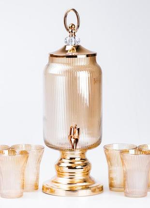 Стеклянная лимонадница 2 л лимонадник с краном на подставке с 6 стаканами в комплекте ve-33