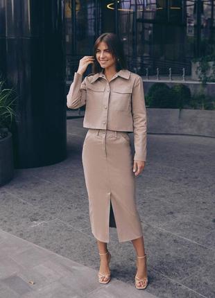 Юбка женская миди, прямая с разрезом, стрейч котон, на резинке 42-52 бежевая размеры