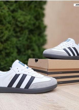 Кроссовки женские и подростковые adidas samba белые на черной подошве кожаная спортивная обувь