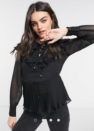 River island чорна блуза з рюшами гофре шифонова готік готична жабо блузка шифонова