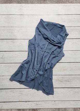 Майка-блузка жіноча сіра блакитна, трикотажна майка з шовком, майка з шовковим коміром