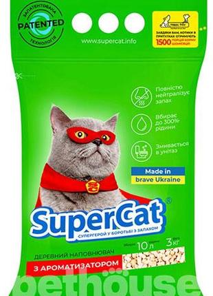 Наповнювач для котів supercat з ароматизатором, деревний поглинаючий, 3 кг, зелений