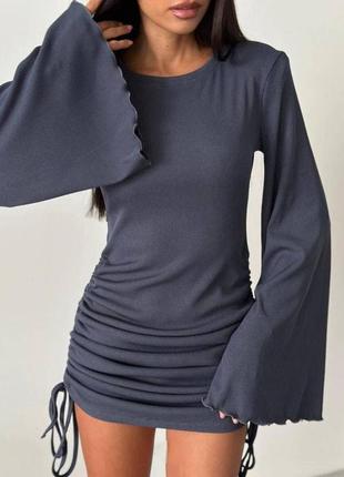 Платье женское короткое мини рубчик с рукавами 42-52 графит (темно-серый), черный